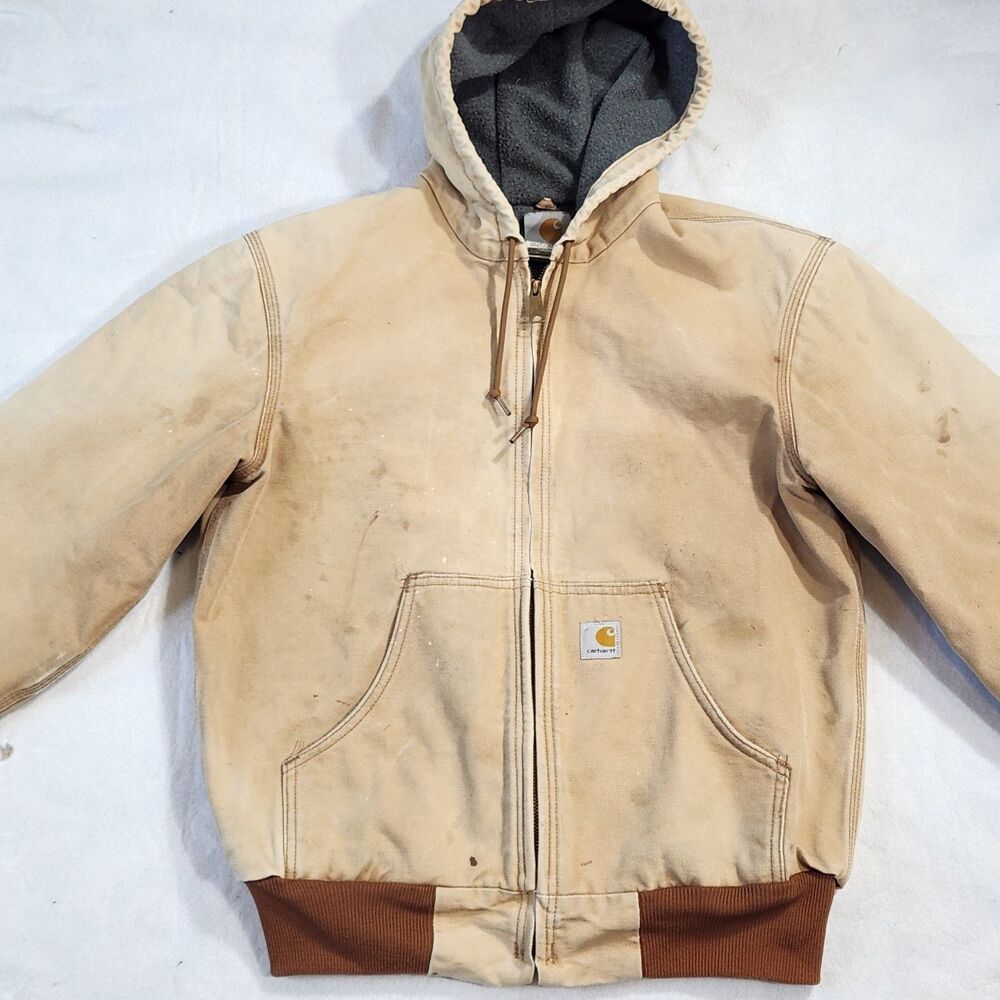 MENS VINTAGE CARHARTT JACKET J158 DKB HOODED FLEECE LINED DISTRESS FADE SMALL